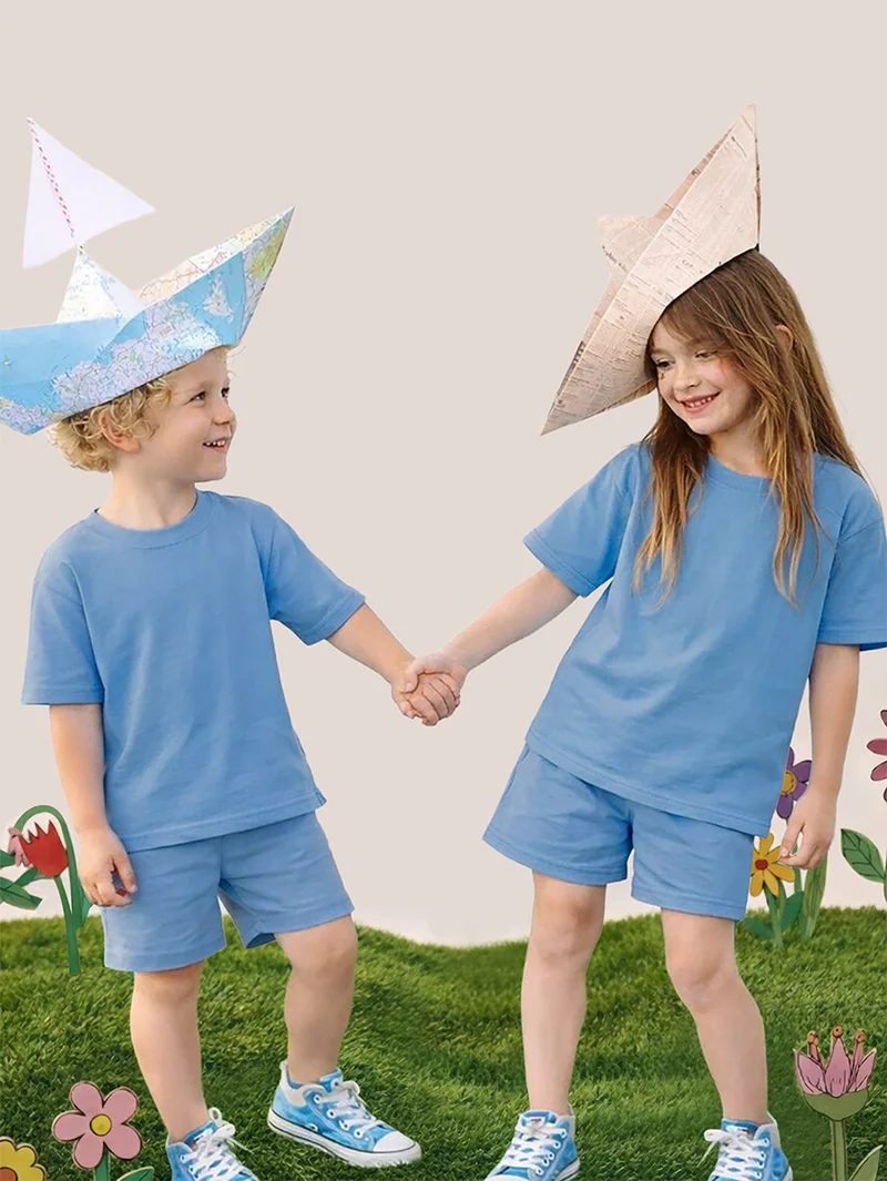 ج&مشب طقم شورت وتيشيرت أزرق فضفاض للجنسين للأطفال